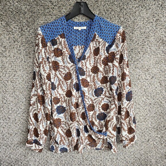 Daniel Rainn Top Womens Medium‎ Blue Brown Surplice Neck Long Sleeve Blouse - Picture 1 of 7